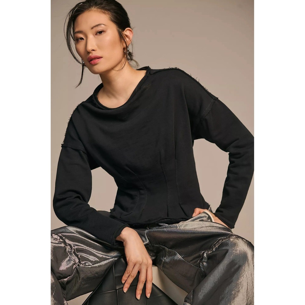 Anthropologie Pilcro Corset Sweatshirt‎ Top Sweatshirt Womens Size Small Black